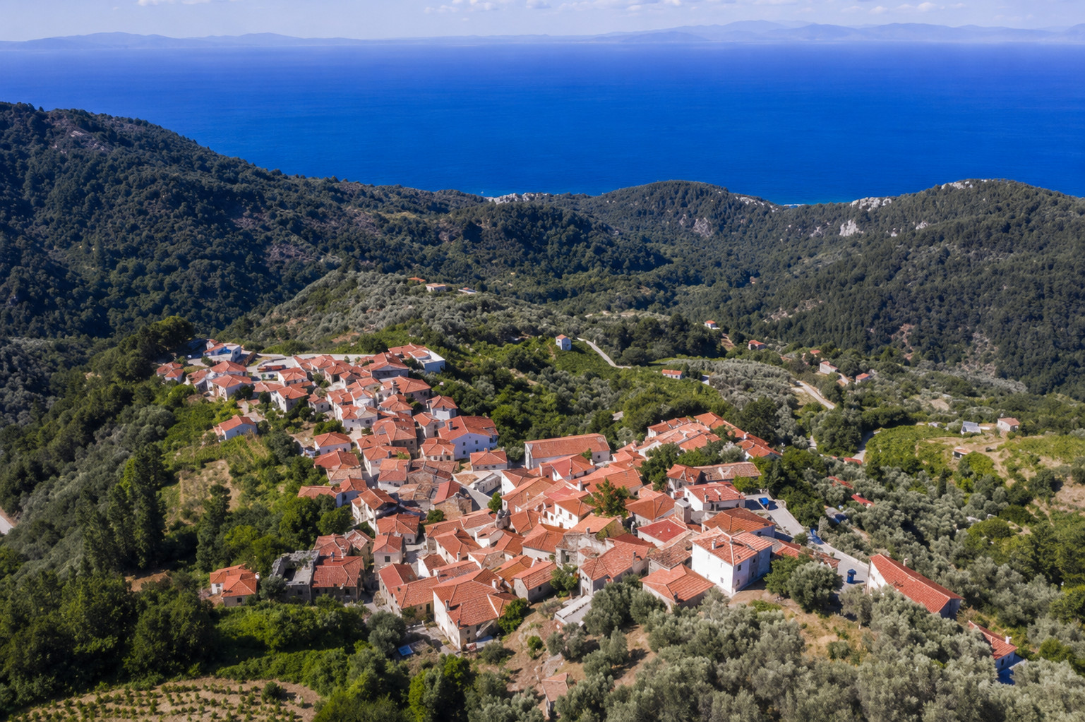 Πέτρινα σοκάκια και παραδοσιακά σπίτια στους Μανολάτες Σάμου, μέσα στο πράσινο.