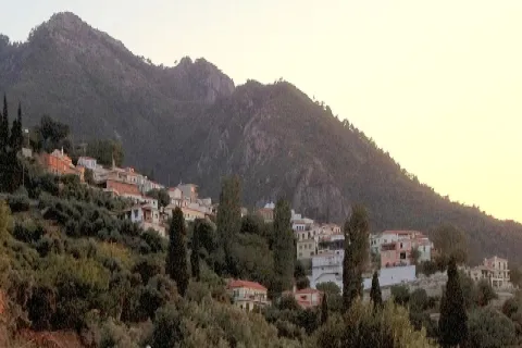 Panoramisch uitzicht op het dorp Ambelos op Samos met traditionele huizen en groen.