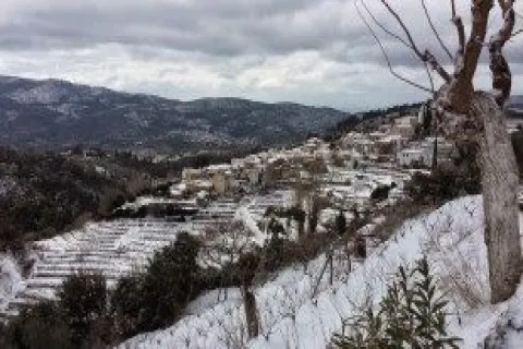Traditionele huizen in Pandrosos, Samos, omringd door groen berglandschap.